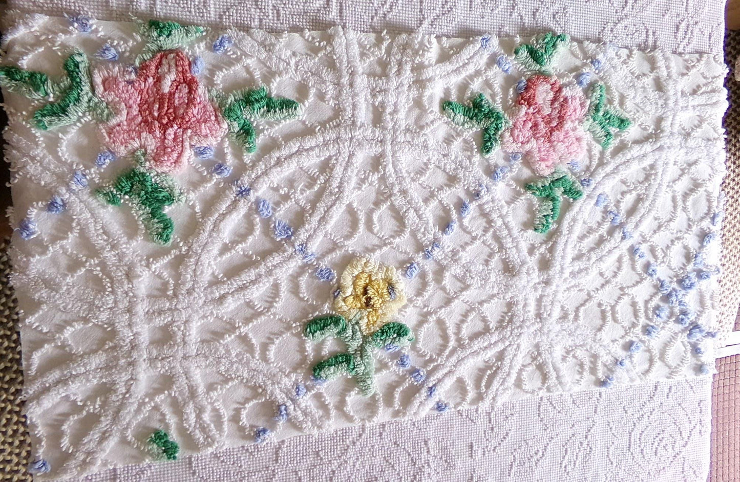 breezy rose floral fabric piece, vintage chenille country cottage style sewing material, 16" x 35" inch piece, white cotton