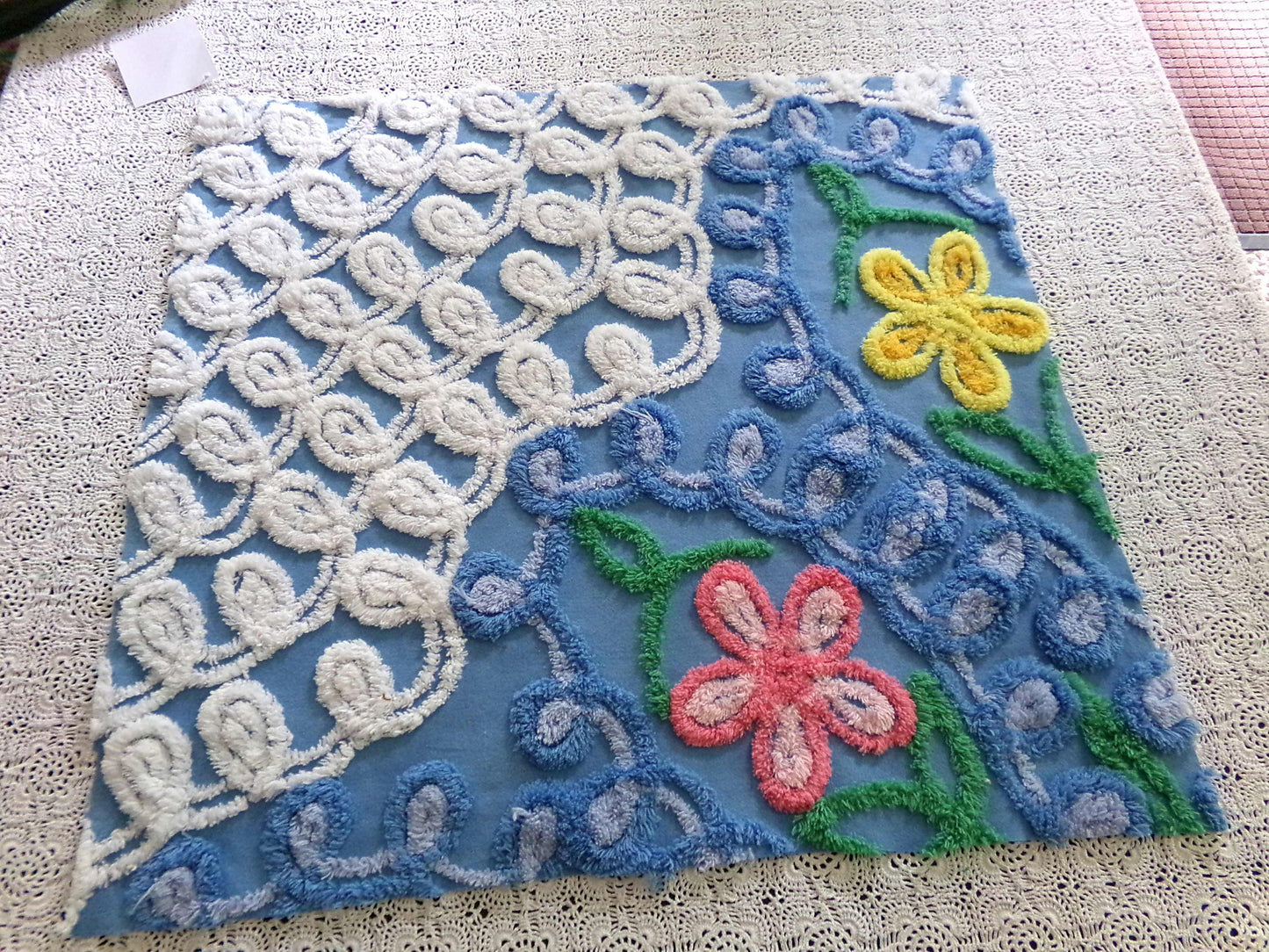 Teardrop Blue Floral Vintage Chenille Fabric, 20" x 21" Inch Piece, Great for Pillow Cover