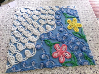 Teardrop Blue Floral Vintage Chenille Fabric, 20" x 21" Inch Piece, Great for Pillow Cover
