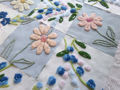 vintage chenille fabric squares, "barefoot in the meadow" set of 16 floral 6" quilt blocks in sky blue daisy, lupine flowers & roses