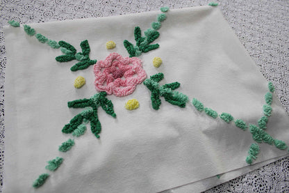 simple floral vintage chenille fabric, 32" x 23" cut piece, jadeite & white pops with pink rose flower, lightweight cotton