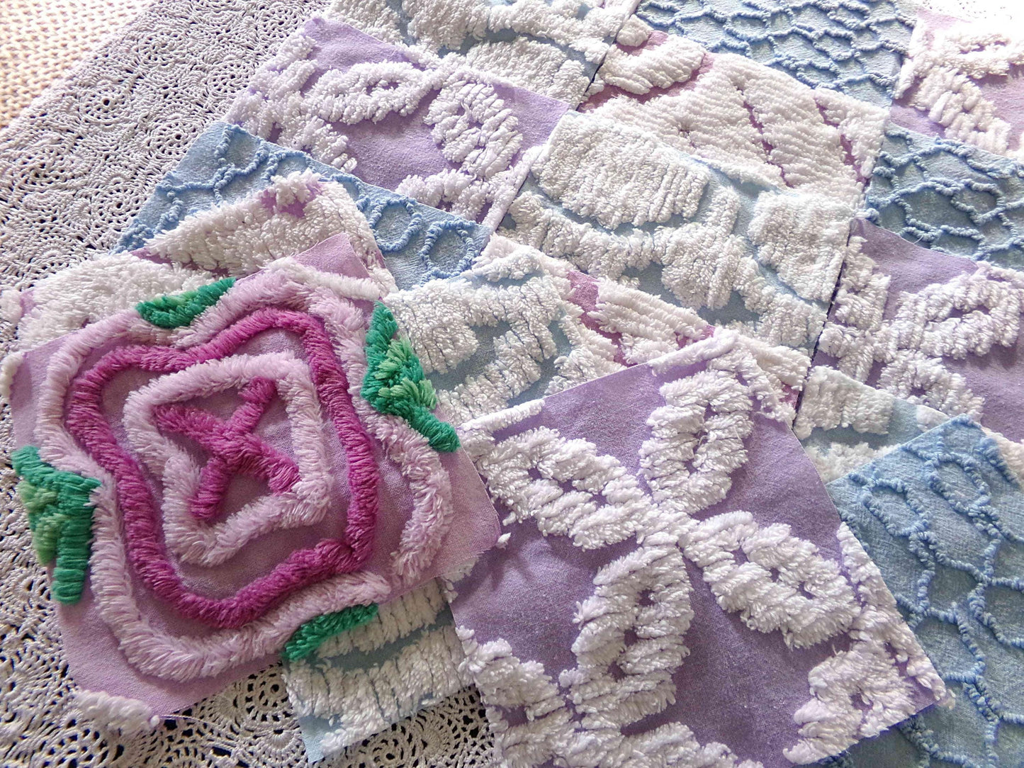 sleep softly chenille fabric squares, serene blue, lilac & white, 17 vintage quilt blocks 6" x 6" inch, for pillows, quilting, crafts
