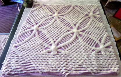 Lavender & White Vintage Chenille Fabric, 26" x 25" inch Piece, Geometric Wedding Ring Design