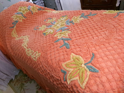 Vivid Orange Floral Vintage Chenille Bedspread, Boxed & Fitted Design, Full Size
