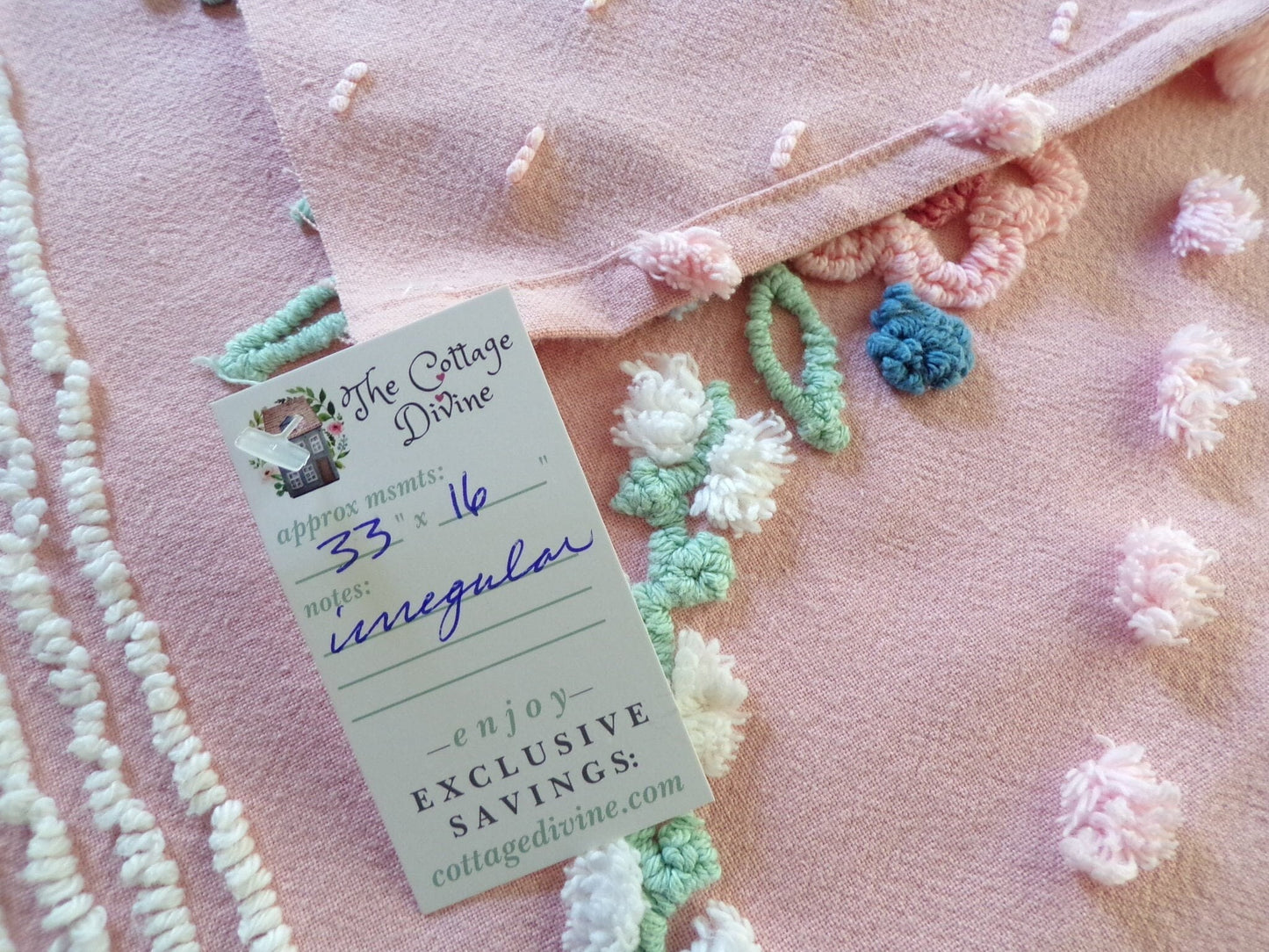 Vintage Rosy Floral Dot Chenille Fabric, 33" x 16"-inch Piece, Cabin Crafts, Cotton