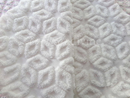 Snowflake Wedge White Vintage Chenille Fabric, 27" x 24" Piece, Snowy Geometric Wedge Daisy Design