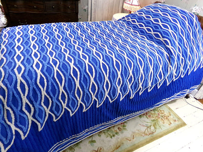 blue flame vintage chenille bedspread, dramatic unique geometric design, full size cotton bedding