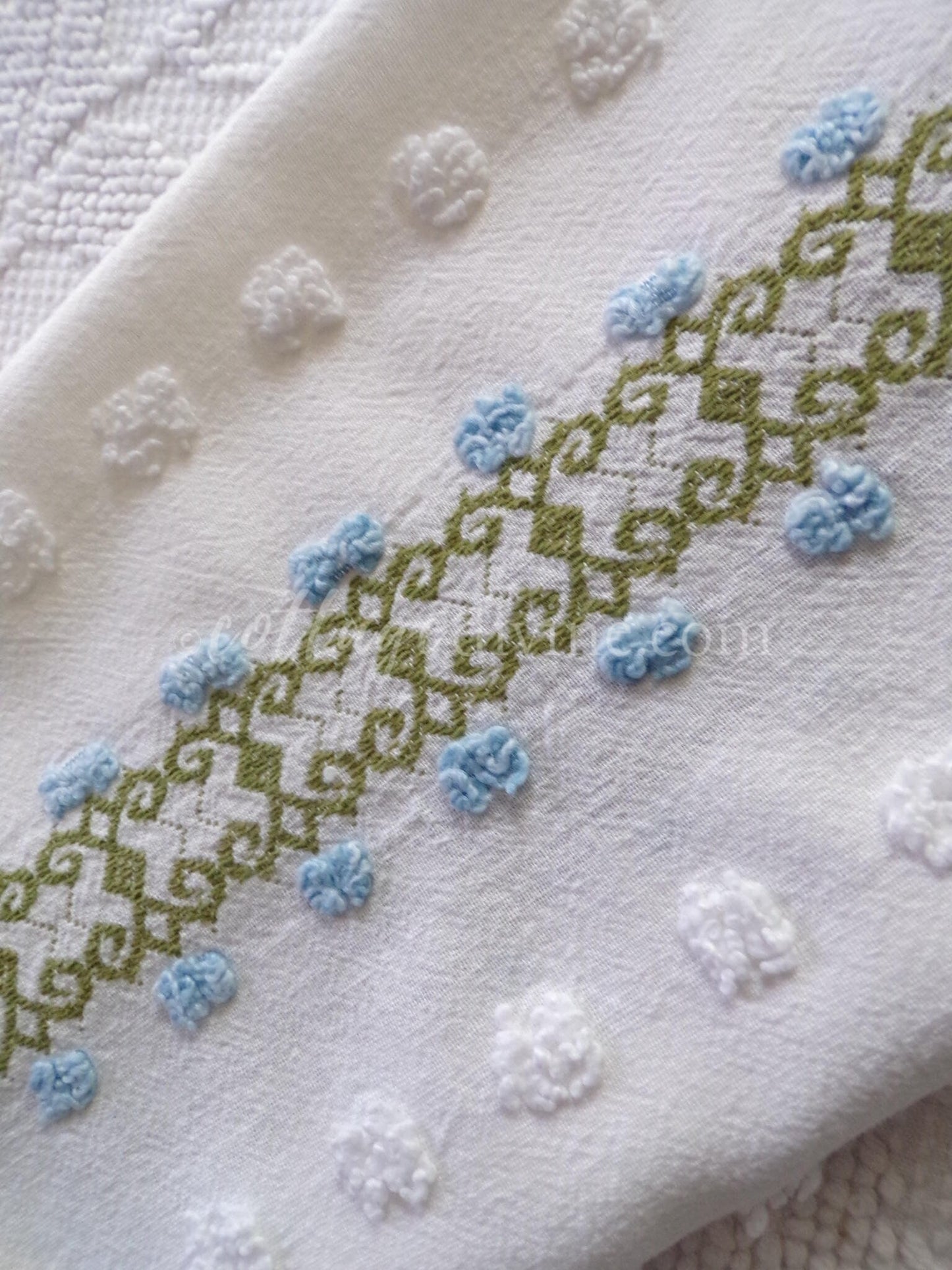 abstract blue rosebud vintage chenille fabric piece in climbing green ivy design with white pops, 26" x 22" piece of craft & quilt material