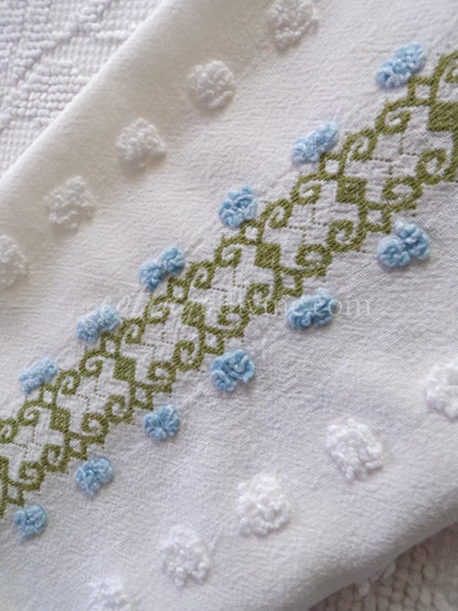 abstract blue rosebud vintage chenille fabric piece in climbing green ivy design with white pops, 26" x 22" piece of craft & quilt material