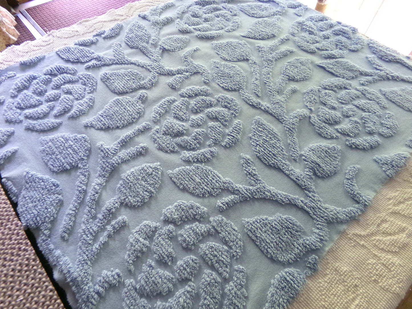 Stylized Roses Vintage Chenille Quilt Fabric, 30" x 26" inch Piece, Soothing Dusky Blue Rose Blooms, 100% Cotton