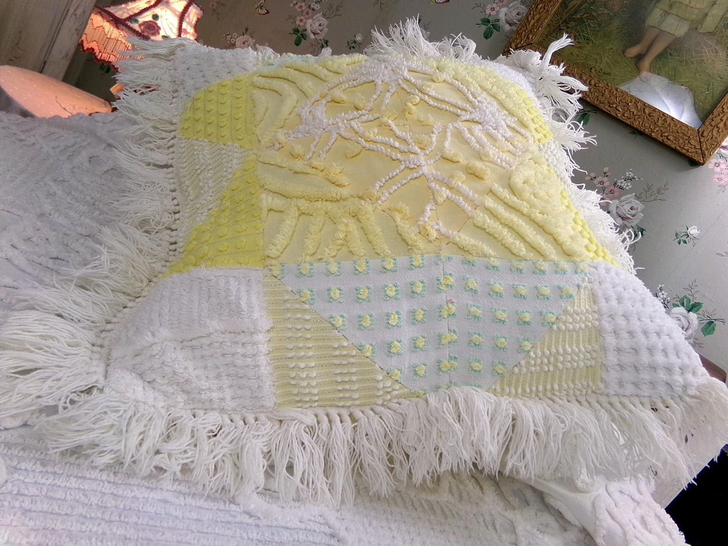 Vintage Chenille Patchwork Pillow | Reversible Mixed Yellow & White Prints, Fringe Accent | Boho Farmhouse Style, 17" x 18" w/ Insert