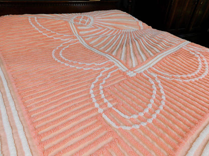 Spectacular STARBURST Peach SUN RAYS Vintage Chenille Bedspread, 100% Plush Cotton, Full Size