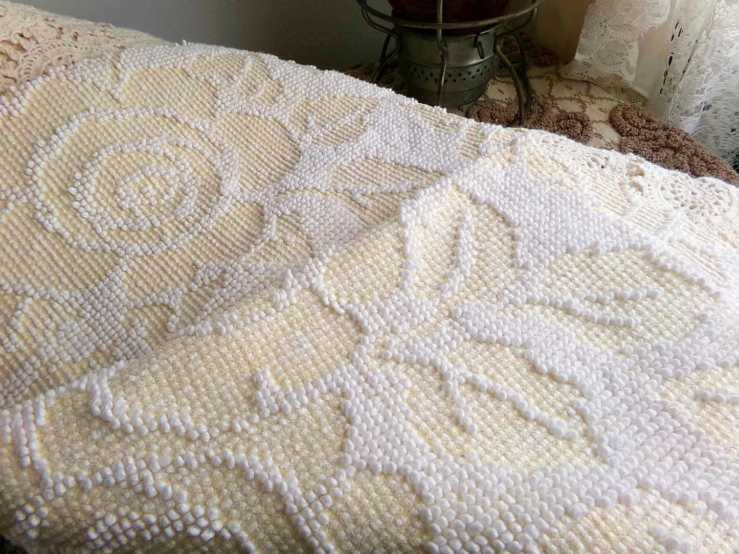 Pastel Yellow & White Cabbage Rose Vintage Woven Chenille Fabric, 24" x 18" inch Piece, Versatile Material in Quilts, Pillows, Tote Bags