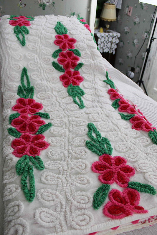Vintage Chenille Bedspread, Raining Roses on Plush White, Full Size