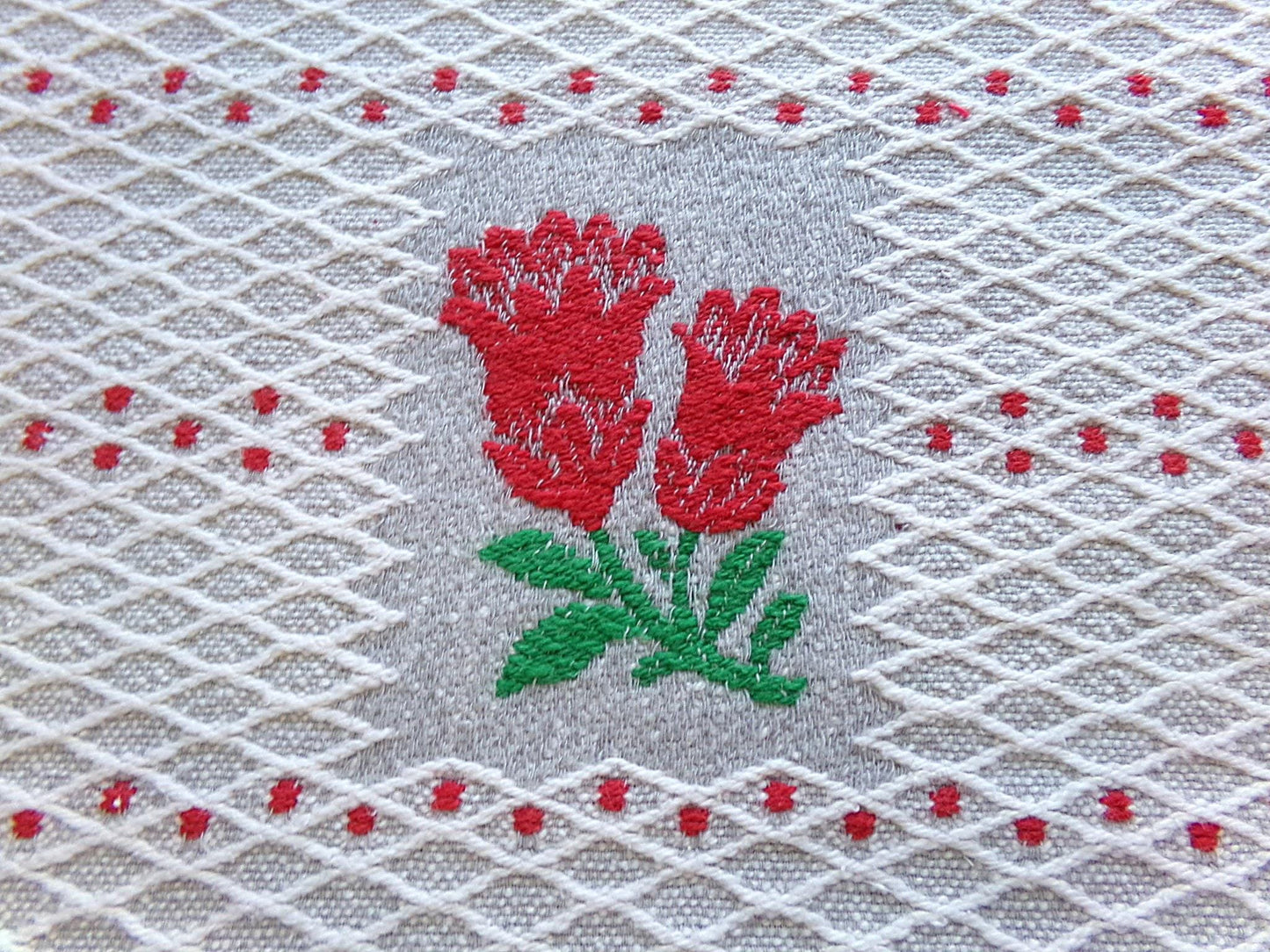steel grey red floral vintage woven fabric, midcentury MCM reversible white lattice sewing material, 17" x 31" inch cut piece