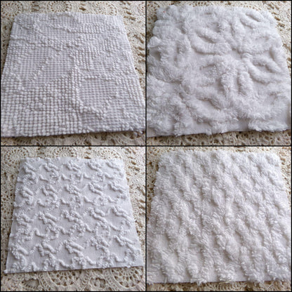 Snow Baby Chenille Fabric Squares Set of 16 White Quilt Blocks, 6" x 6" inches each, Diamond, Squiggle Daisy & Hobnail Texture Patterns