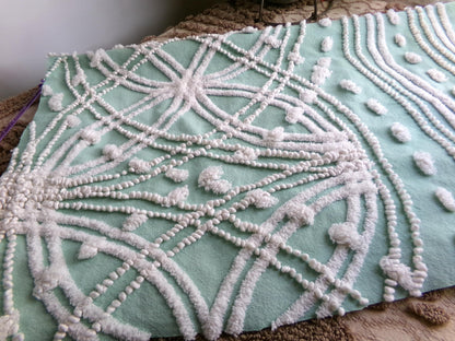 spiderweb jade green vintage chenille fabric, unique texturized web pattern on this 18" x 23" inch piece of sewing material