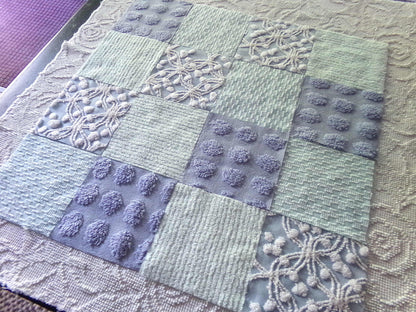 Spa Day Chenille Fabric Squares Set, 16 Vintage Quilt Blocks, 6" inch in Blue, Cool Aqua & White