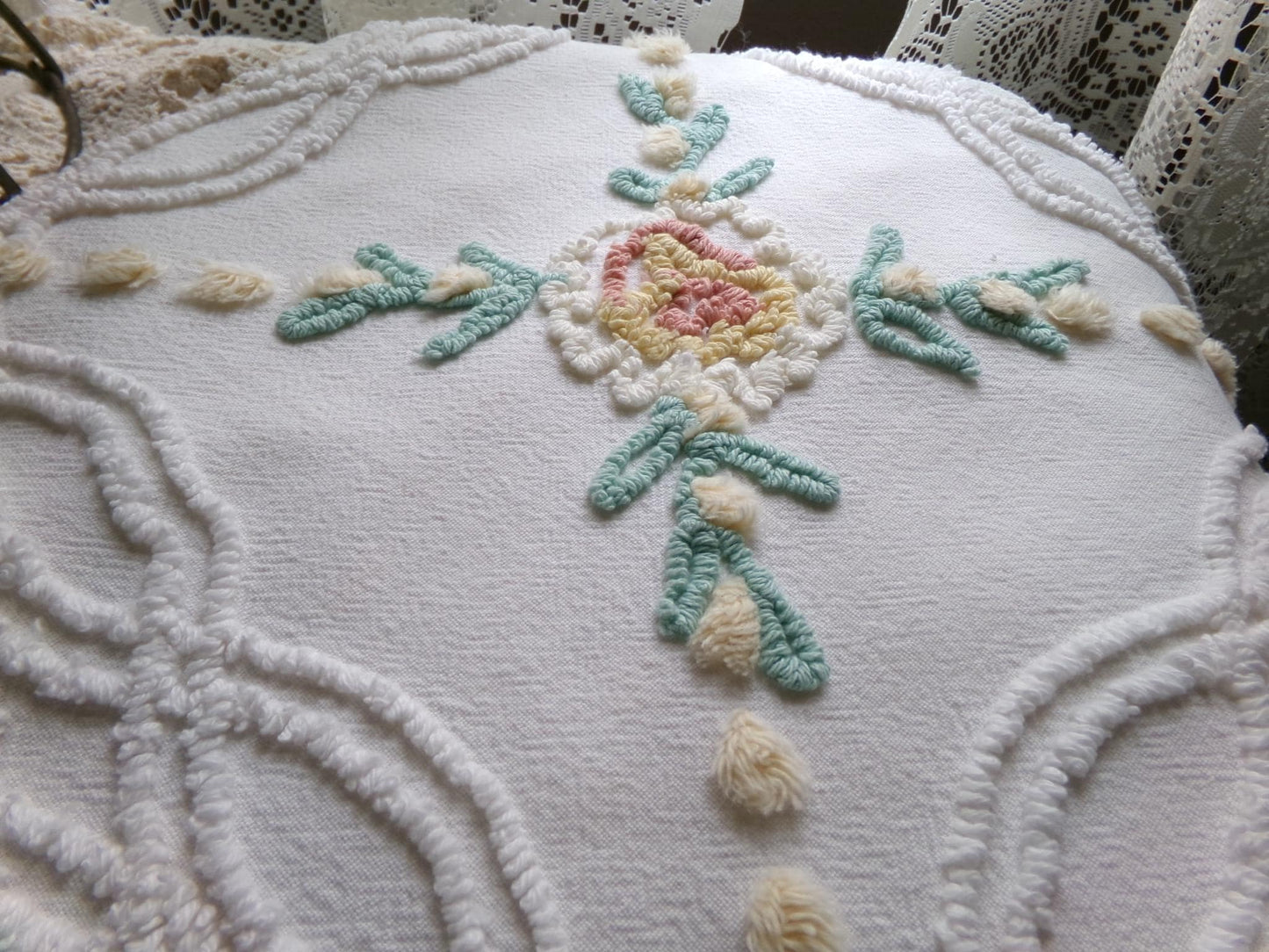 so shabby sweet vintage chenille fabric, needletuft florals with buttercup yellow puffs, 24"x 26" inch piece of quilt & sewing material