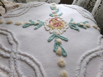so shabby sweet vintage chenille fabric, needletuft florals with buttercup yellow puffs, 24"x 26" inch piece of quilt & sewing material