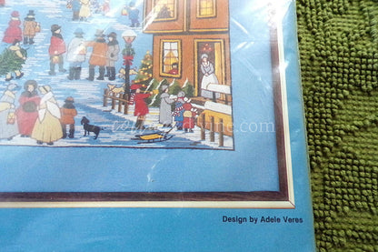 Christmas Primitive Crewel Stitchery Kit, Vintage Paragon Embroidery 6732, Country Village Winter Scene, Adele Veres