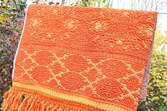 Orange & Gold Vintage Tapestry Fabric, Shimmer Woven Heavyweight Damask Material, 20" x 25" inch piece with Luxurious Fringe