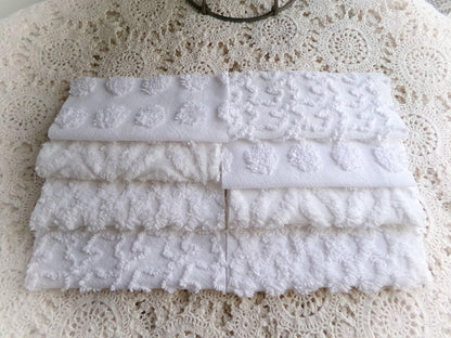 cherub feathers white chenille fabric squares, cut from vintage chenille bedspreads in popular patterns, set of 16 quilt blocks, 6" inch ea