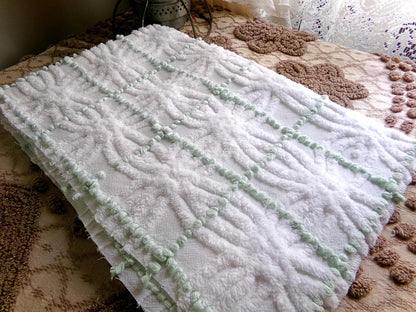 Popular Vintage Chenille Quilt Fabric, Mint Green Pearl Pops & White Spider Rings, 25" x 18" inch Piece