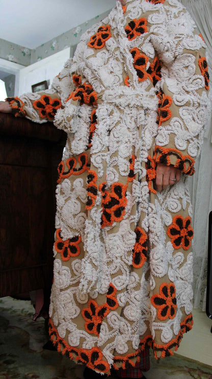 Unisex Kimono Style Chenille Robe, PUMPKIN SPICE Plush Bathrobe Upcycled from Vintage Chenille Bedspread in Creamy Mocha Swirl, Sz XL 1X