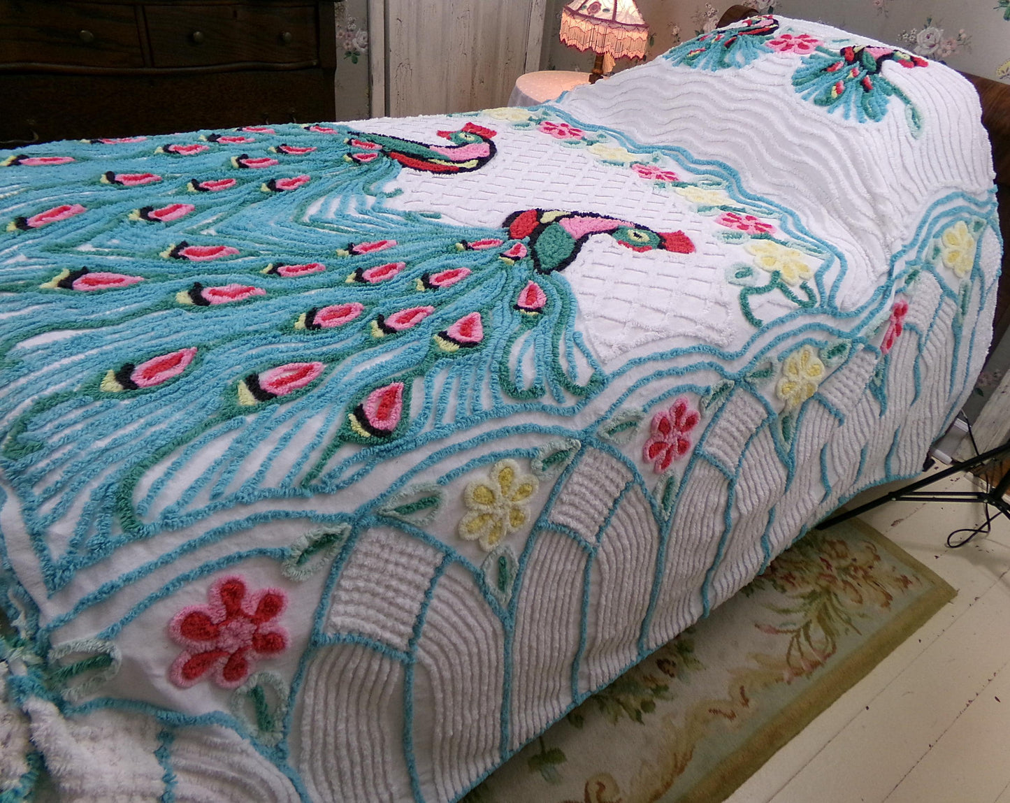 shabby chic peacock vintage chenille bedspread, iconic kitsch lovebird design, white cotton full size bedding