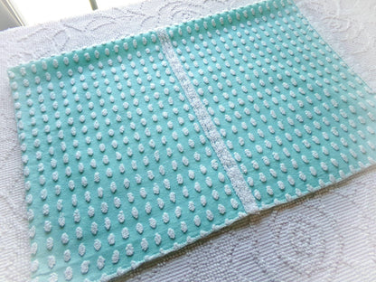 nubby elongated pops vintage chenille fabric, shabby unique 18" x 24" cut piece, white dots on aqua teal lightweight cotton