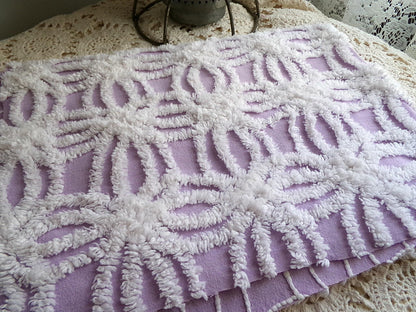 lilac chenille fabric, plush white wedding rings on purple, 18" x 24" inch piece cut from vintage chenille bedspread