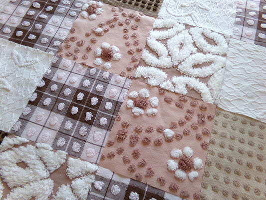 vintage 6" chenille squares, "boho girl" set of 16 quilt blocks, rotary cut from vintage chenille & matelasse bedspread fabrics