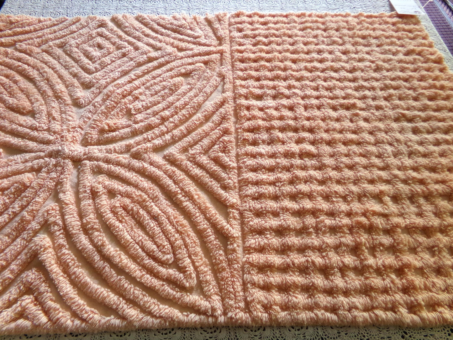 Plush Peach Glow Chenille Material, 20" x 32" inch Vintage Fabric Piece, Thickly Tufted Waffle Grid & Geometric Flower Petals