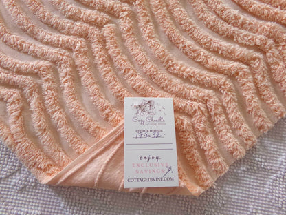 swirling peach waves vintage tufted fabric, 17.5" x 32" inch piece, plush chenille texture, sewing material for quilts, pillows
