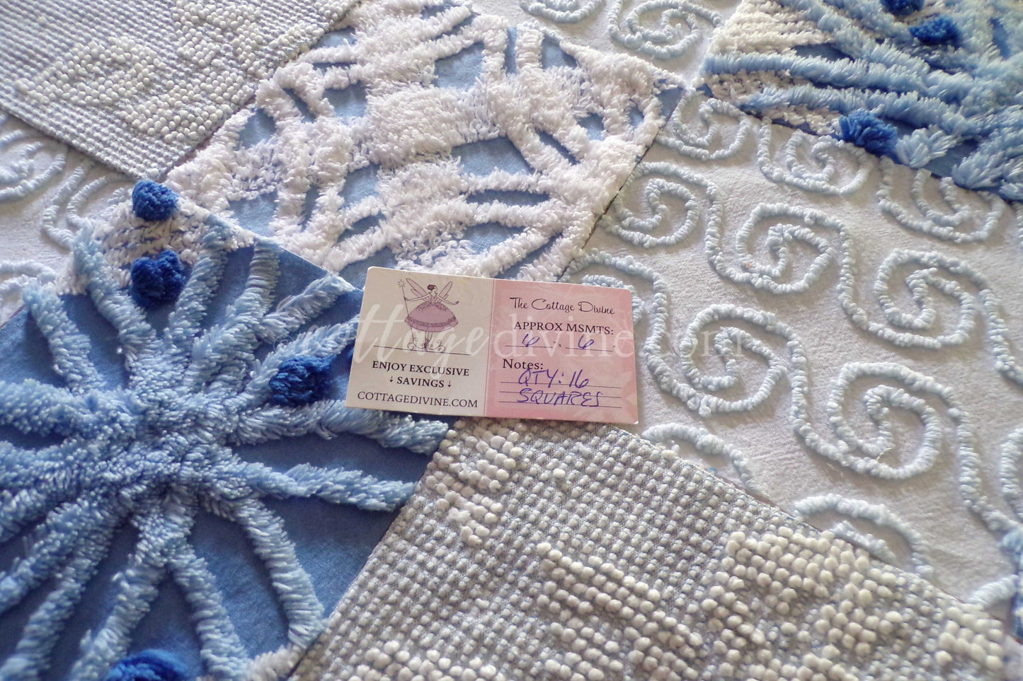 Boho Blues Fabric Squares Set, from Vintage Chenille Bedspread Fabrics, 16 Blocks, 6" x 6" inch