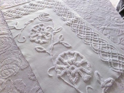 sophisticated white floral vintage chenille fabric, cotton sewing material, 15" x 27" inch piece for crafts & quilting