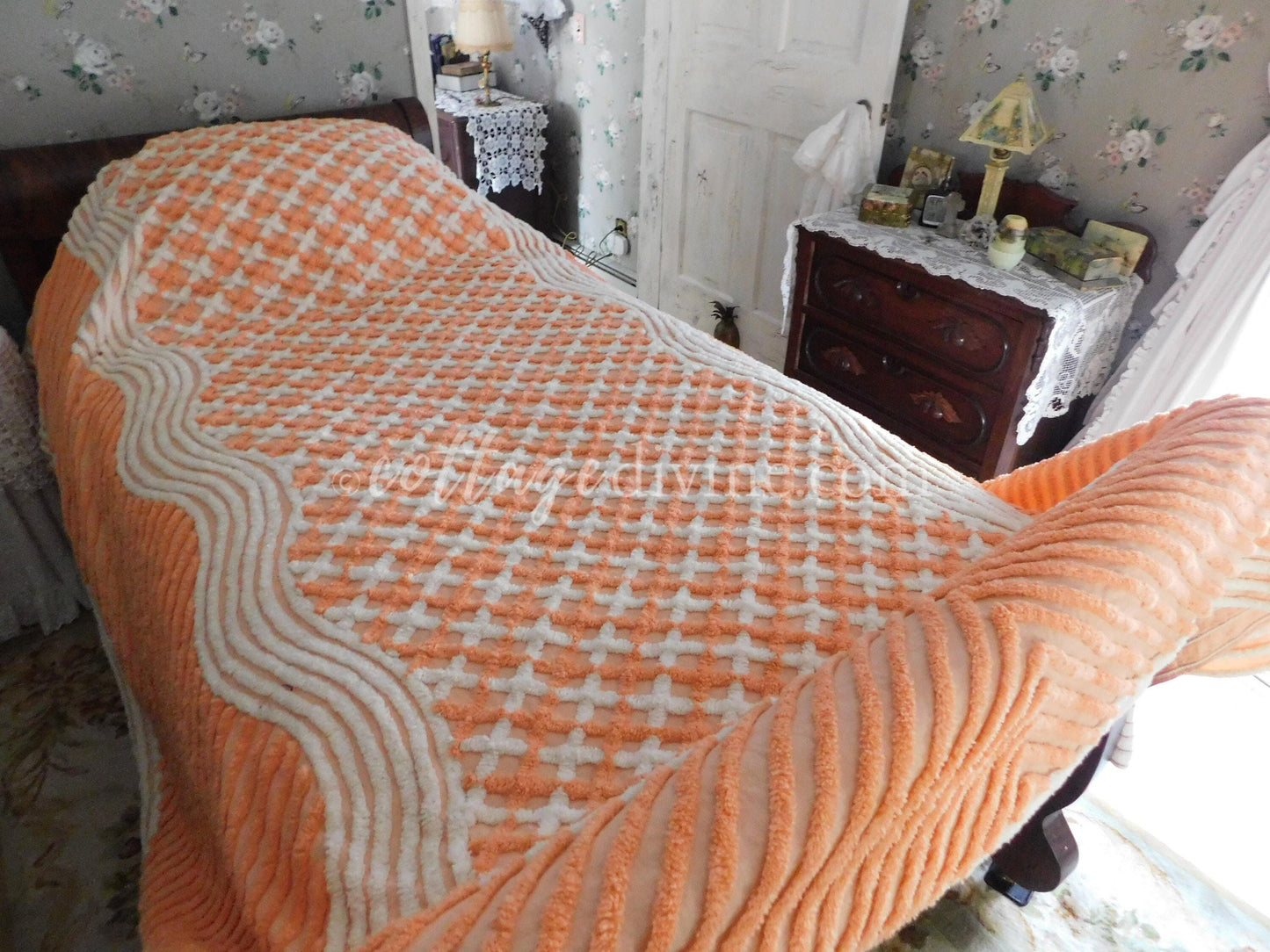 Delicious Peach Creamsicle Vintage Chenille Bedspread, 100% Plush Cotton, Twin Size