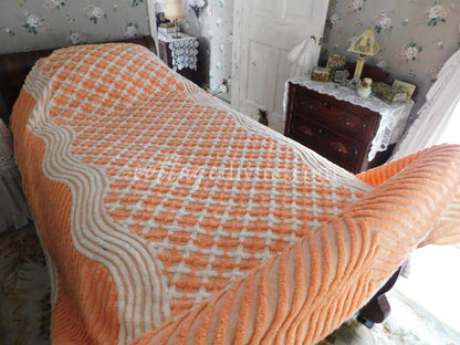 Delicious Peach Creamsicle Vintage Chenille Bedspread, 100% Plush Cotton, Twin Size