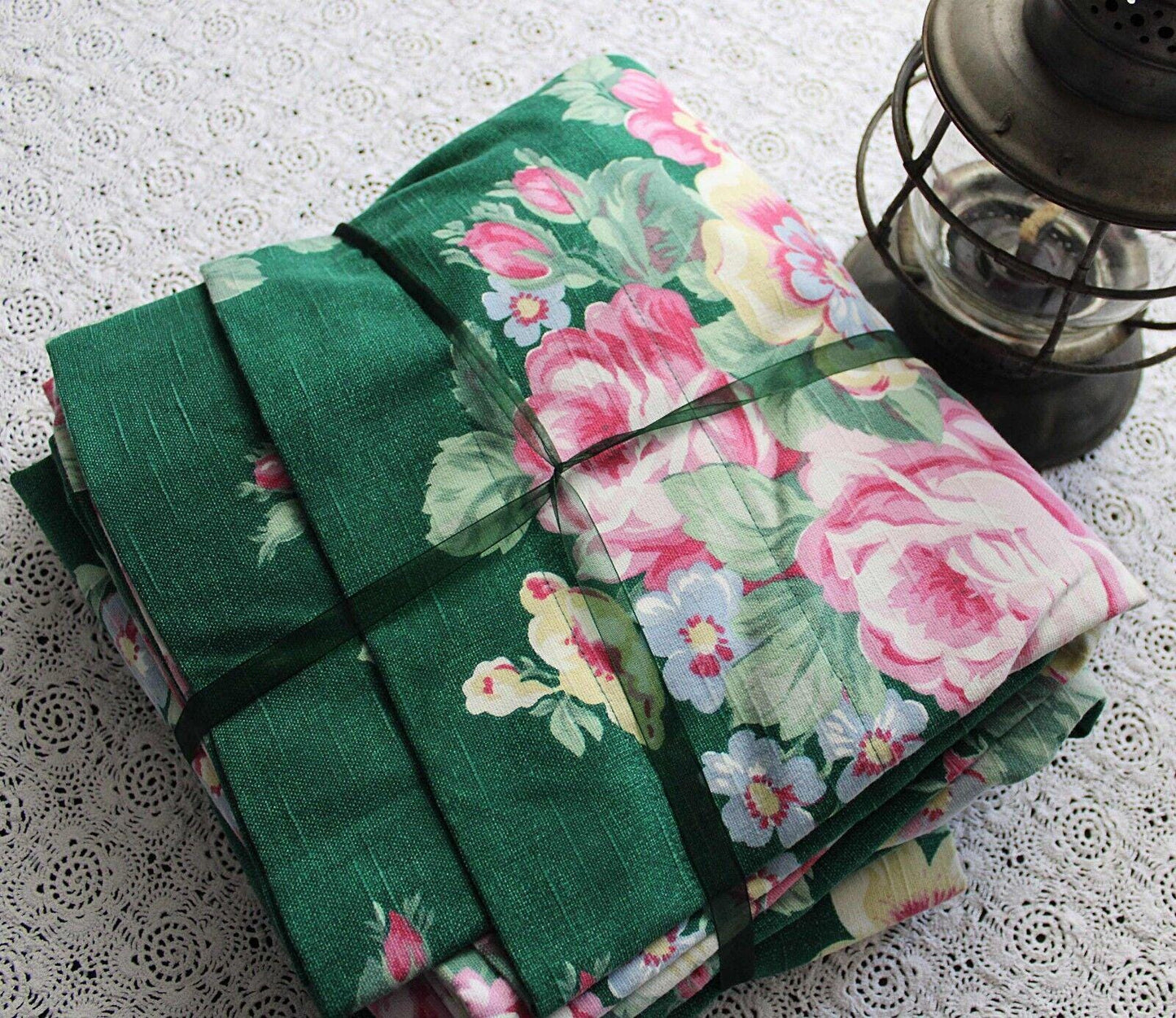 Ralph Lauren Hayley Floral Drapes Window Curtains, Pair of Vintage Green Panels