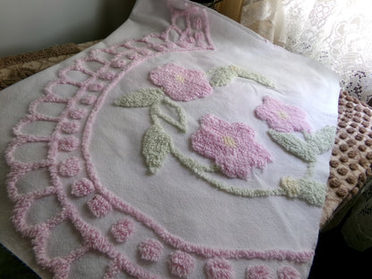 Pink Floral Blooms Vintage Style Chenille Fabric, Lovely Plush Flowers on White Cotton, 21" x 34" inch Piece