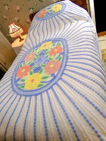 vintage full size chenille bedspread in blue & white colorful cameo starburst florals