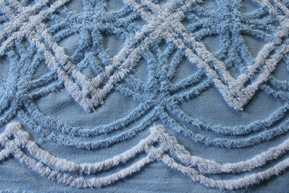 Breezy Coastal Vintage Style Chenille Fabric, 21" x 22" Inch Piece, Plush Sky Blue & White Geometric