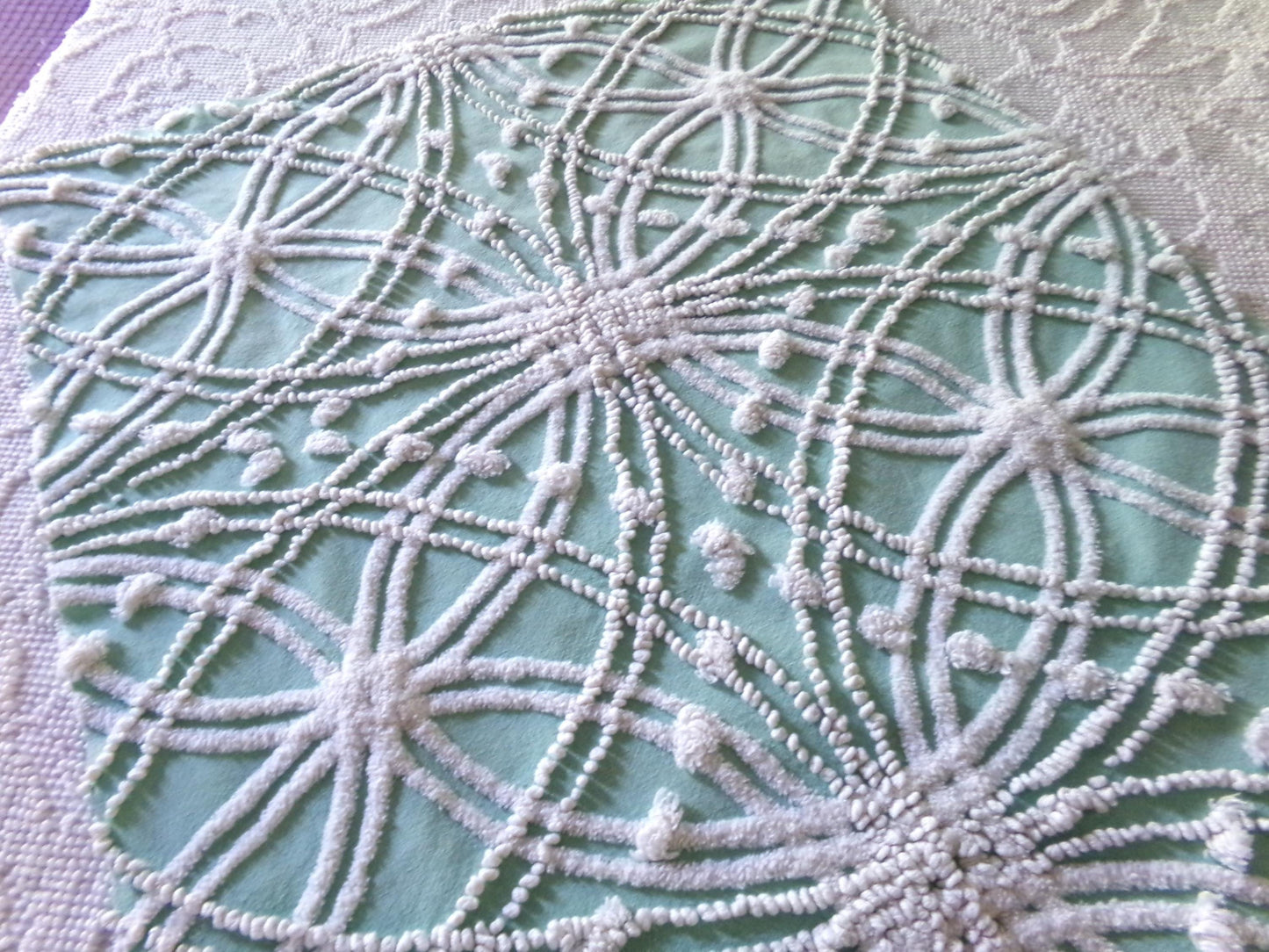 Striking Creamy Jade Green Vintage Chenille Bedspread Fabric, 19" x 23" inch Piece, White Spider Tuft Texturized Design