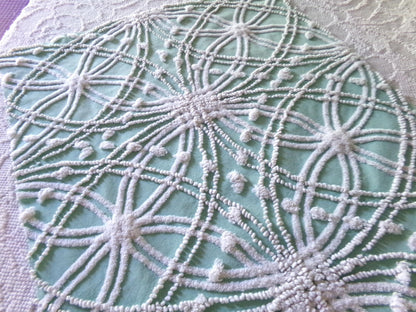 Striking Creamy Jade Green Vintage Chenille Bedspread Fabric, 19" x 23" inch Piece, White Spider Tuft Texturized Design