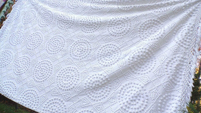 Vintage White Chenille Bedspread, Handtufted Moon & Diamonds, Full Size, Fringe Trim
