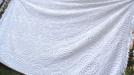 Vintage White Chenille Bedspread, Handtufted Moon & Diamonds, Full Size, Fringe Trim