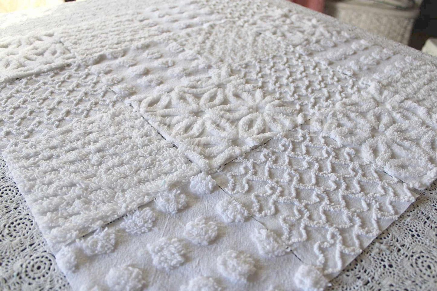 Snow Angel White Chenille Quilt Squares Set from Vintage Bedspread Fabric, 16 Blocks, 6" x 6" inch