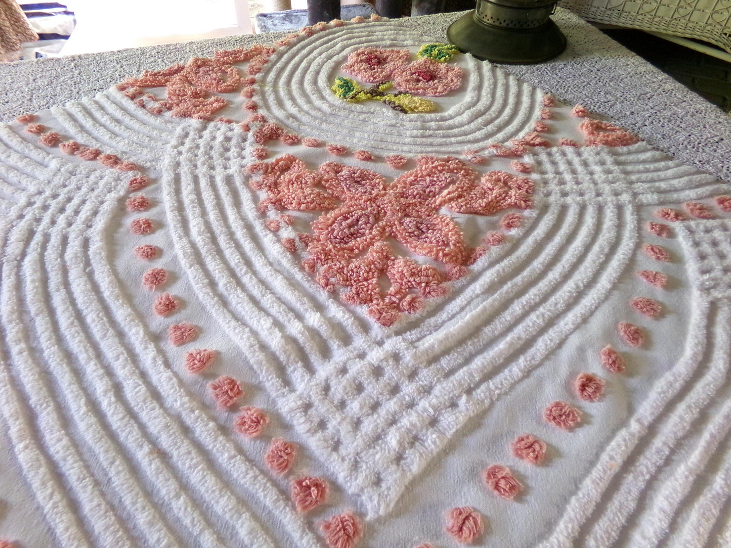 Shabby Rose Swirl Vintage Chenille Fabric, 26" x 29" inch Piece, Upcycle into Pillows, Quilts & Crafts