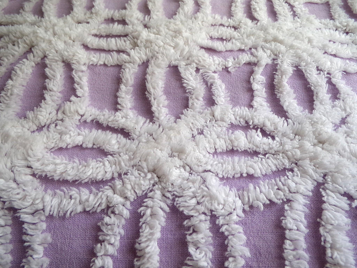 lilac chenille fabric, plush white wedding rings on purple, 18" x 24" inch piece cut from vintage chenille bedspread